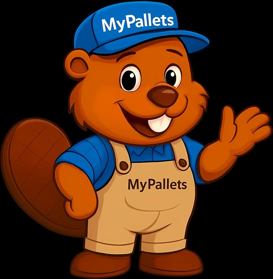 Billy Beaver waving hello in his blue MyPallets overalls
