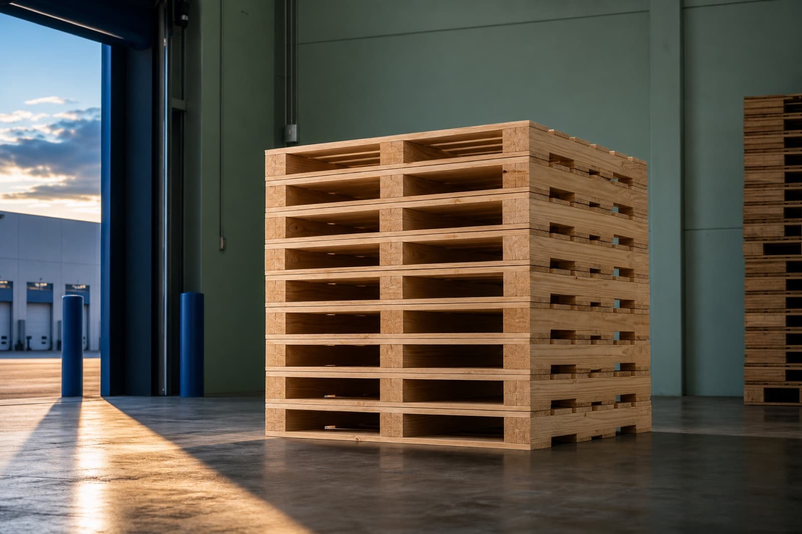 A clean stack of new wooden pallets inside a receiving bay